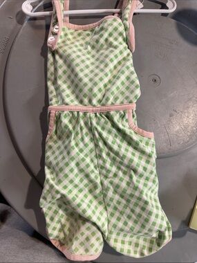 Green and White Gingham Baby Romper with Pink Trim